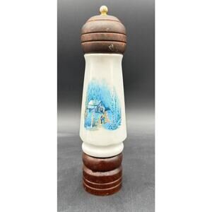 Vintage Pepper Grinder Wood and Porcelain Blue and White Winter Scene